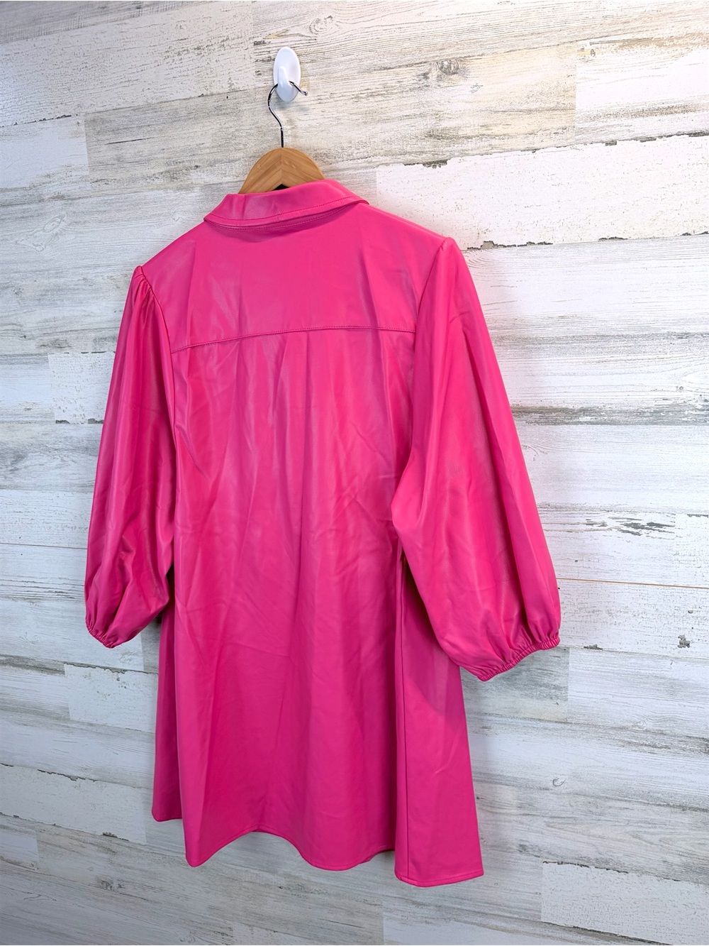 Dolce Cabo Pink Faux Leather Shirt Dress Puff Sleeve Mini XL - Picture 6 of 13